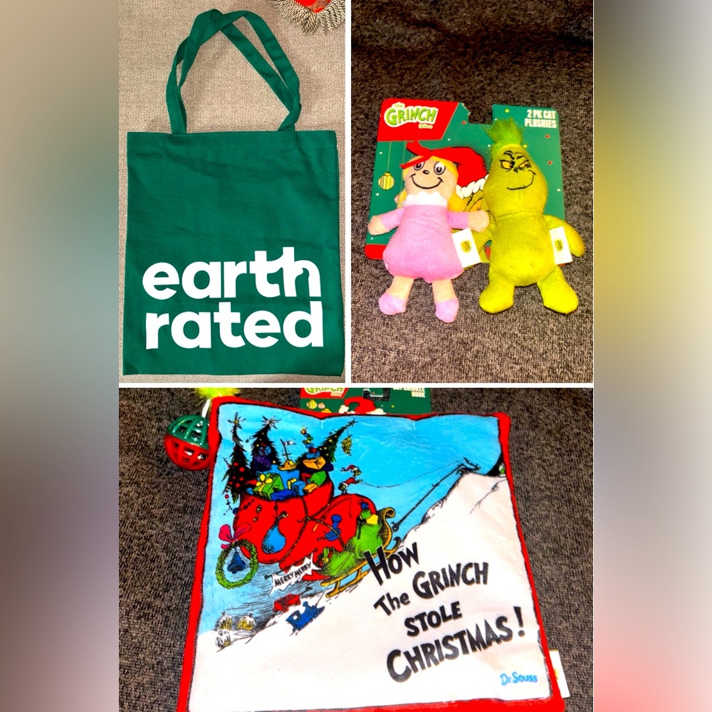 Dr. Seuss' Grinch Cat Crinkle Book, Grinch & Cindy Lou Who Mini Plush, Green bag